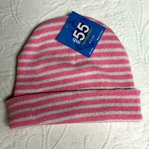 Women’s Pink and White Striped Knit Beanie